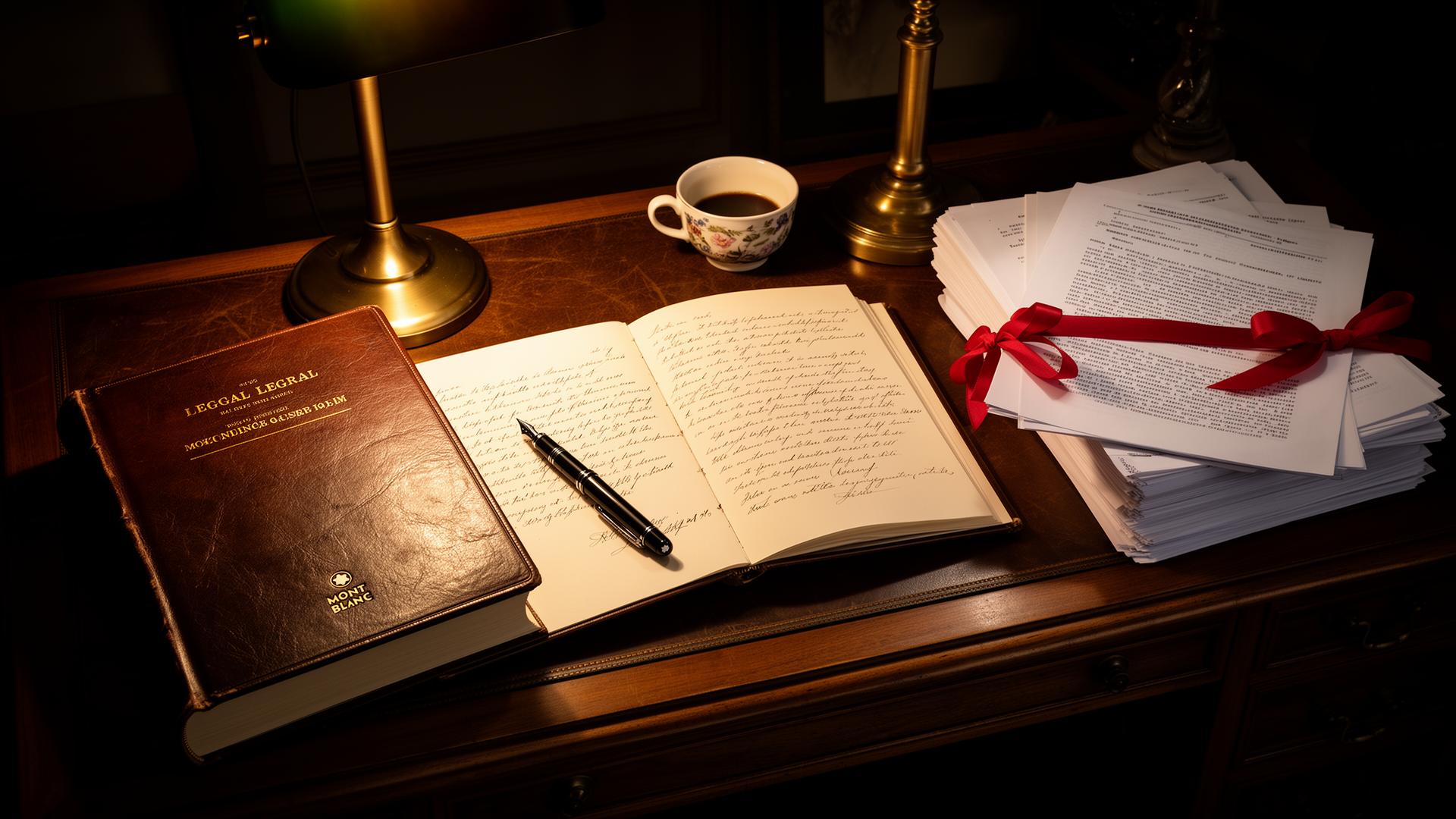 Mesa de advogado com livro de direito, caneta e documentos